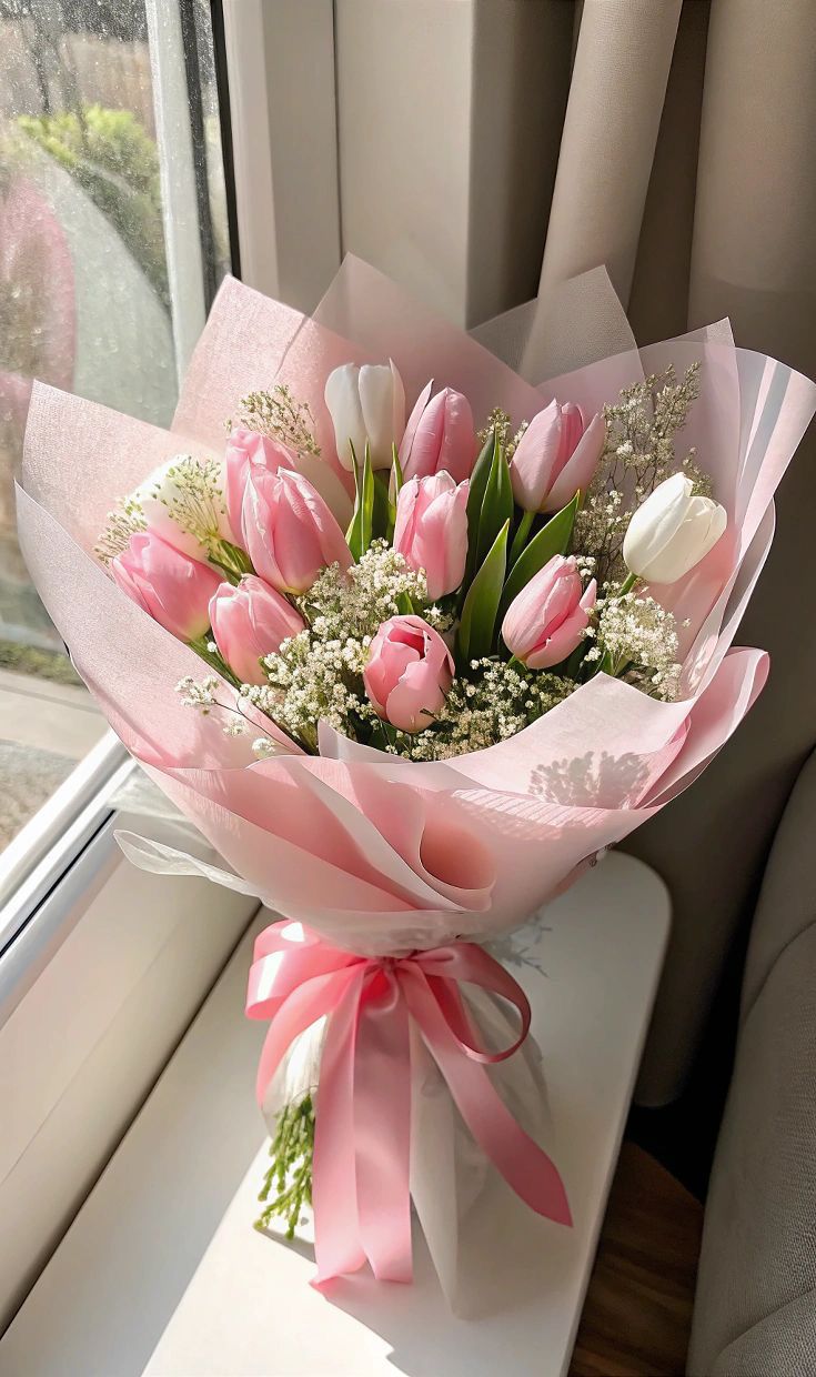 Pink and white tulips with baby's breath in pink wrapper